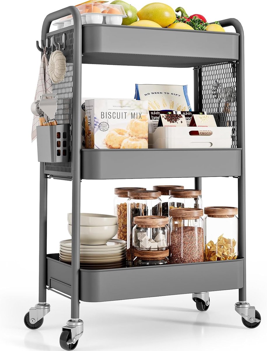 SnelShoppen - Multi-functionele opbergtrolley met 3 verdiepingen, metalen trolley met DIY pegboards, manden en haken voor keuken, badkamer en meer