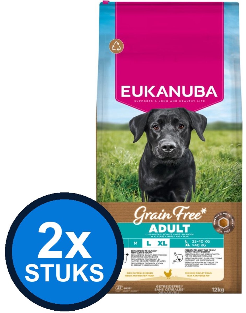 2x Eukanuba - Grain Free dog adult large chicken 12kg