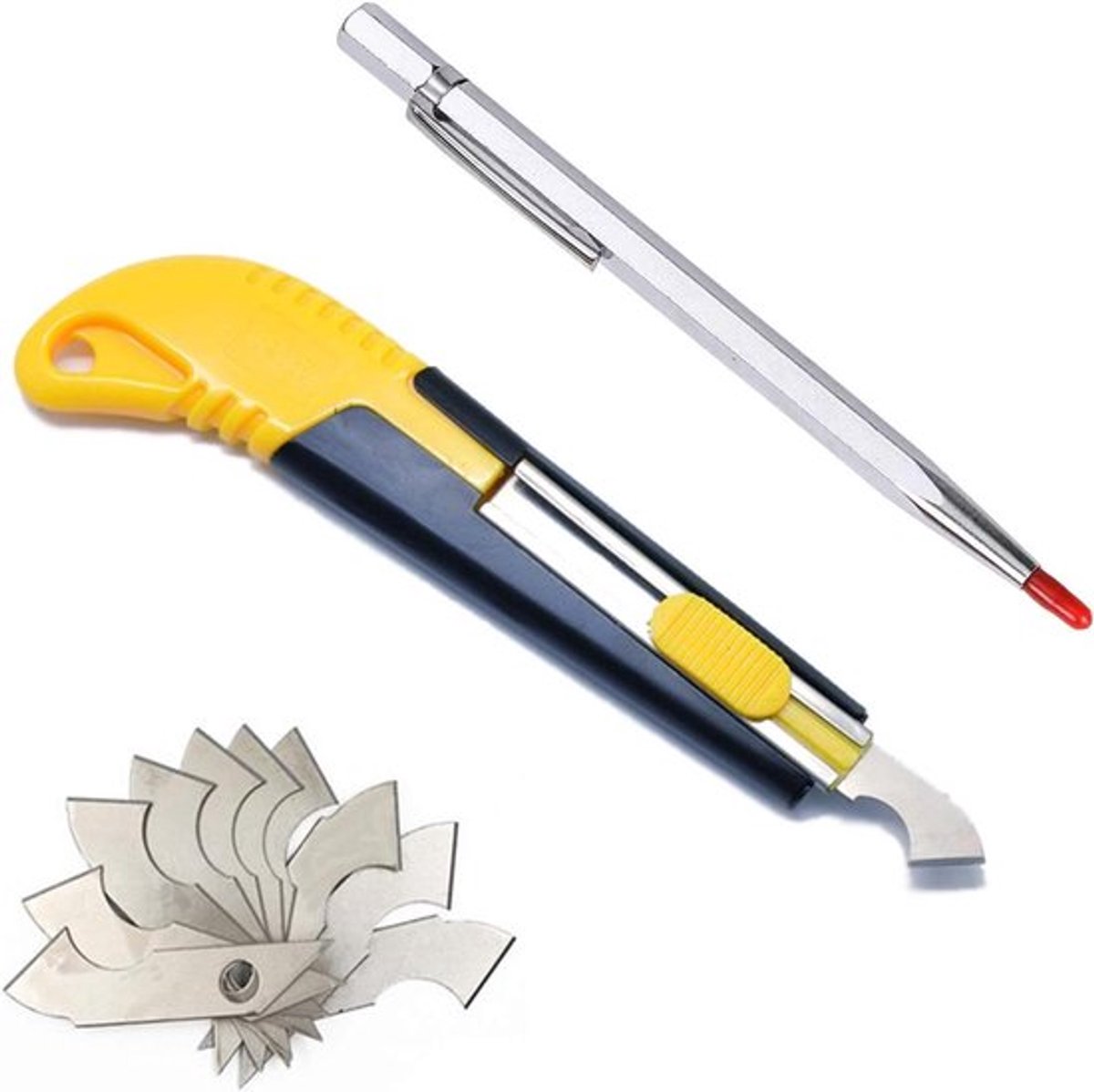 Multifunctionele acryl snijder met lemmetset - Glassnijder - Scheurnaald - Hardmetalen scheurpunt - Zilver