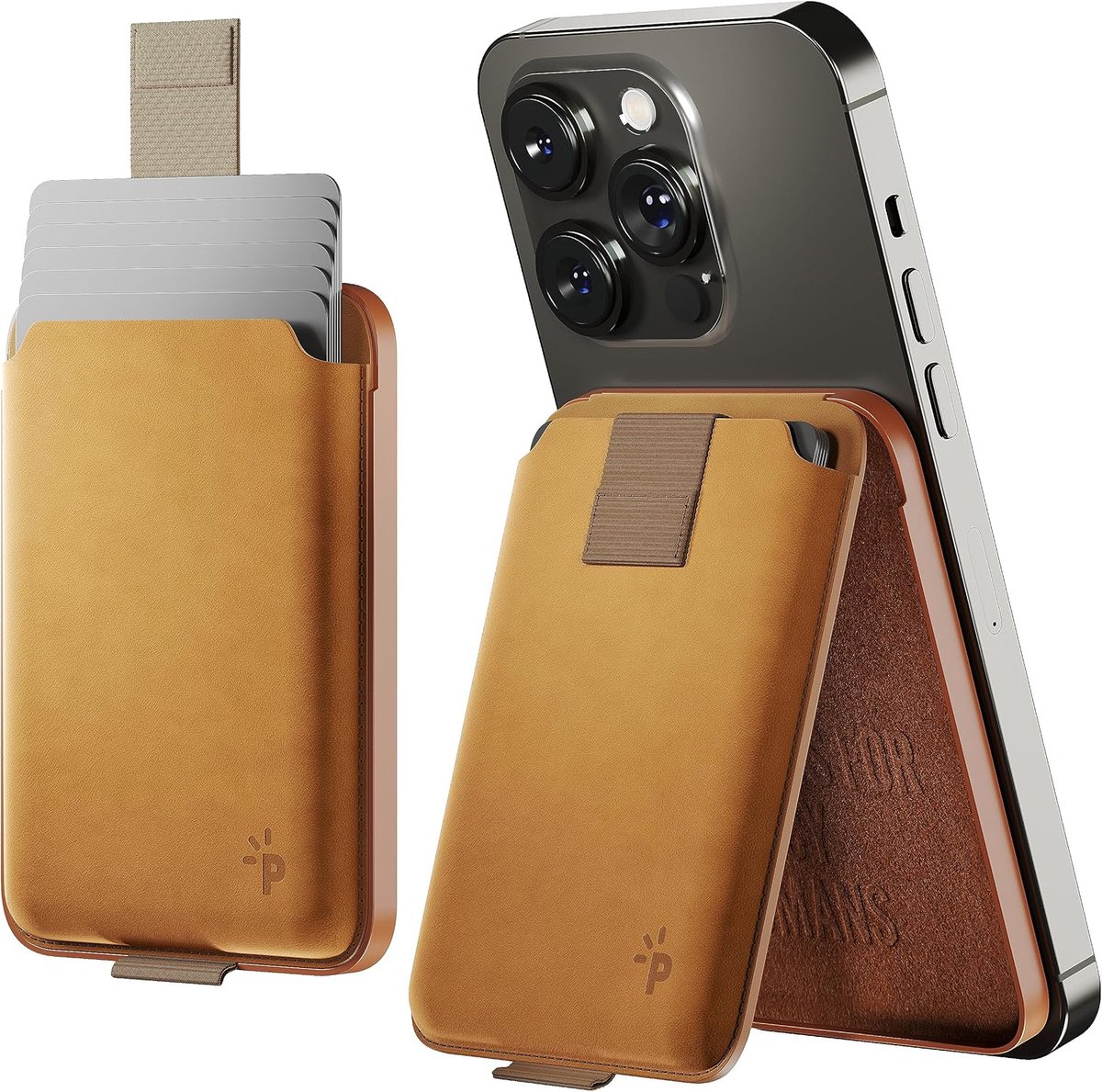 SnelShoppen - Magsafe Wallet Stand - Mag Safe Wallet - Magnetische Telefoon Portemonnee voor iPhone - Licht Bruin - Geschikt voor 6 Kaarten - Ideaal v