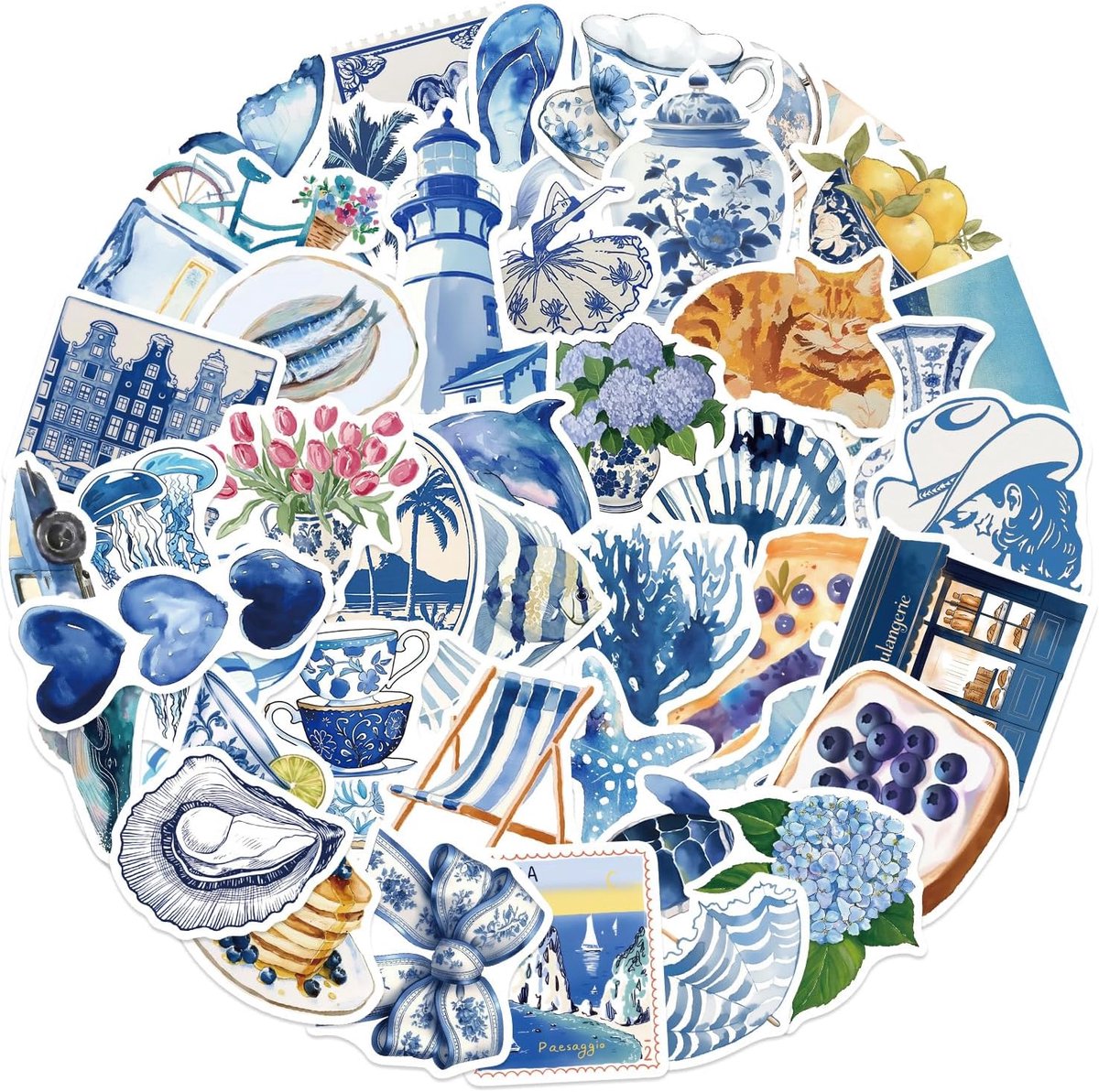 SnelShoppen - Blue Aesthetic Stickers Set voor Jongeren en Volwassenen, 50 Stuks Vinyl Stickers, Creatieve Motieven voor Auto, Fiets, Skateboard, Lapt