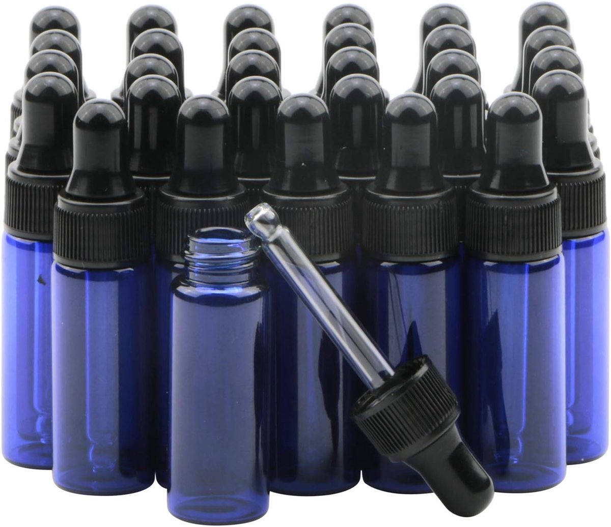 SnelShoppen - 30 Stuks 5ml Glazen Flesjes met Druppelaar - Ideaal voor Essentiële Olie, Lotion, Parfum - Blauwe Flessen met Zwarte Doppen - Compact en