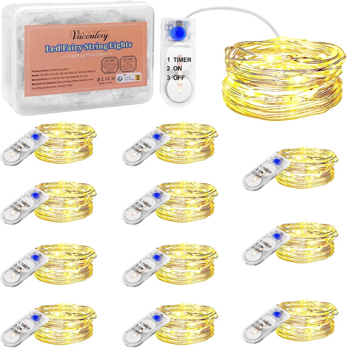 SnelShoppen - LED Fairy Lights op Batterij met Timer, Koper String Lights 2m, 20 LEDs, Batterij Aangedreven Kerstverlichting voor Flessen, Feest, Binn