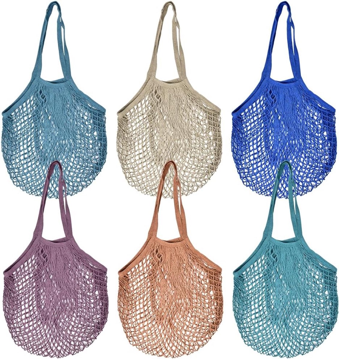 SnelShoppen - 6x Reusable Shopping Net Fruit & Vegetable Mesh Bags - Kleurige Herbruikbare Netjes - Katoenen Tassen met Handvat - Perfect voor Markt,