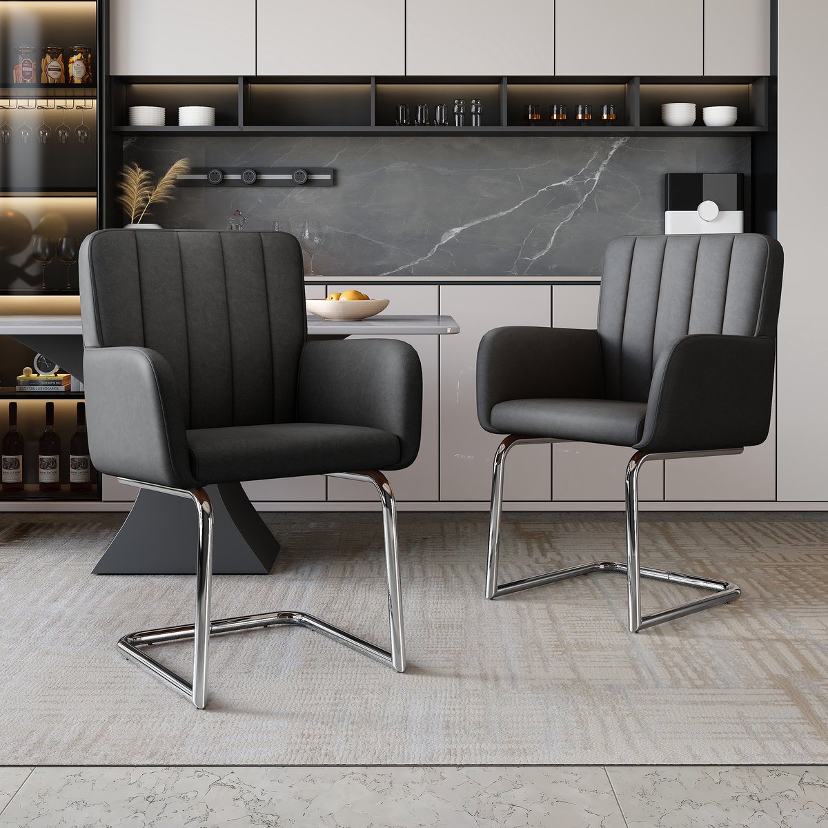 Eettafelstoel - Set van 2 - Keukenstoel - Stoelenset - Eetkamerstoelen met verticale strepen - Gestoffeerde fauteuil met zigzag metalen poten - Loungestoel - Woonkamerstoel - Kunstleer - Zwart
