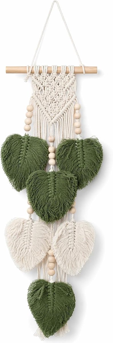 SnelShoppen - Wandtapijt Macramé Handgemaakt Bladeren Groen Wit 20x63 cm | Boho Chic Wanddecoratie met Kwastjes Houten Kralen voor Woonkamer Slaapkame
