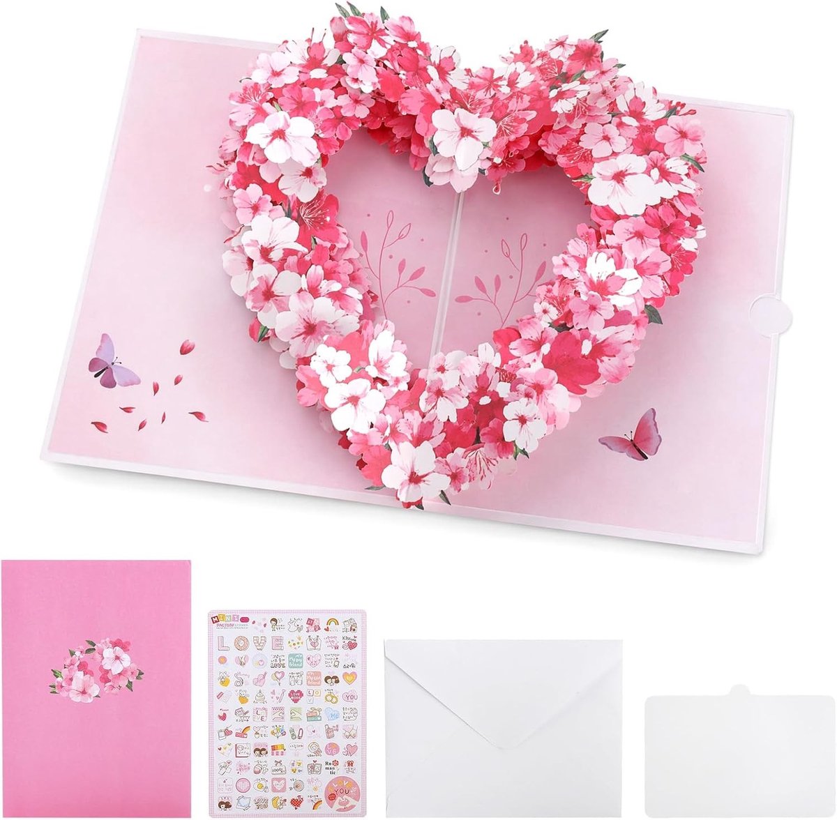 Unieke 3D pop-up verjaardagskaart voor vrouwen met Sakura-hart, envelop en LOVE stickers voor een speciale gelegenheid