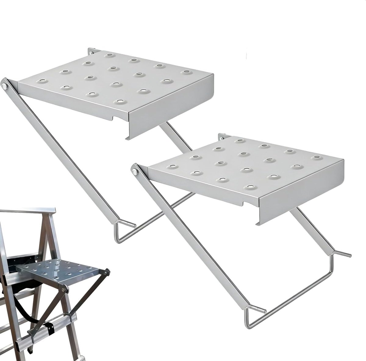 SnelShoppen - 2 Stuks Ladder Werkplatforms - Ondersteunt 150 kg - Zilverkleurig - Ideaal voor Schilderen, Installatie, Gereedschap - 30 cm x 26,5 cm
