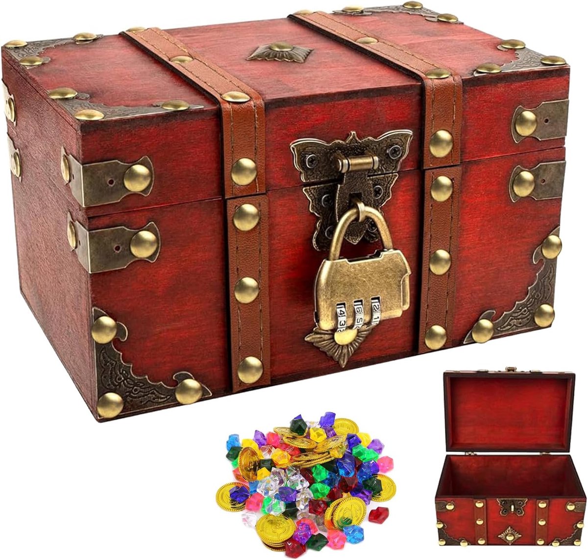 SnelShoppen - Vintage Houten Schatkist 18x11.5x10.5cm, Antieke Stijl Opbergdoos met Wachtwoordslot, Sieraden Organizer voor Kostbaarheden, Trinkets, K