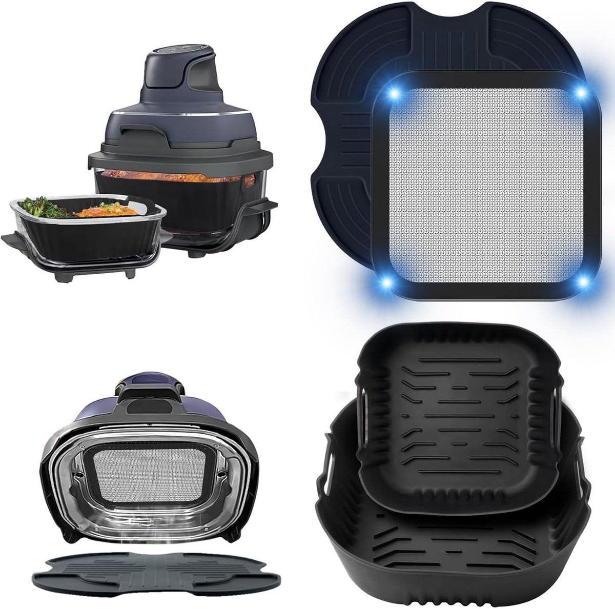 SnelShoppen - 4 Delen Accessoires voor Air Fryer, 2 Siliconen Mallen + RVS Spatdeksel + Siliconen Onderzetter voor Ninja Air Fryer FN101EU (Donkerblau