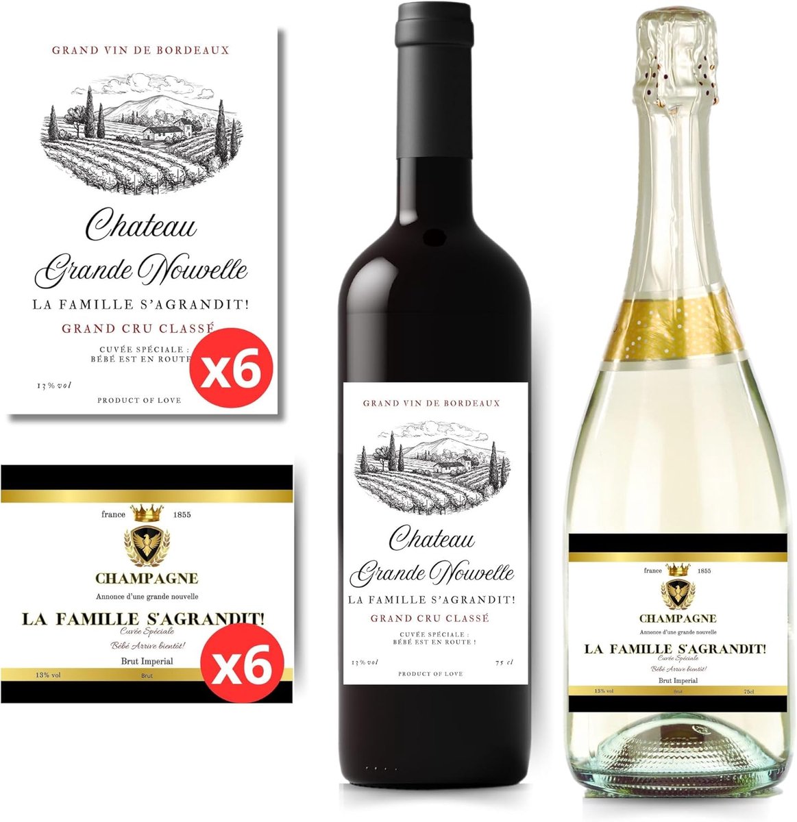 SnelShoppen - 12 Labels voor Wijnfles en Champagne - Aankondiging Zwangerschap - Made in France - Originele Geboorte Aankondiging voor Grootouders, Ta