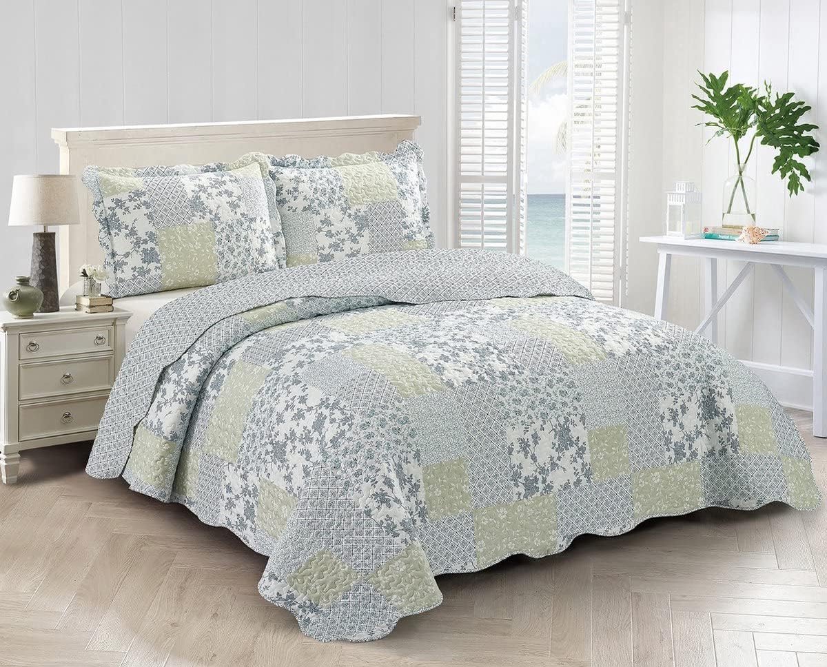 SnelShoppen - Bedspread Quilt 2-persoons Reversible 240x220 - SeaBreeze - Patchwork Design met Bloemenprints - Vermicelli Stitching - Perfect voor Cot