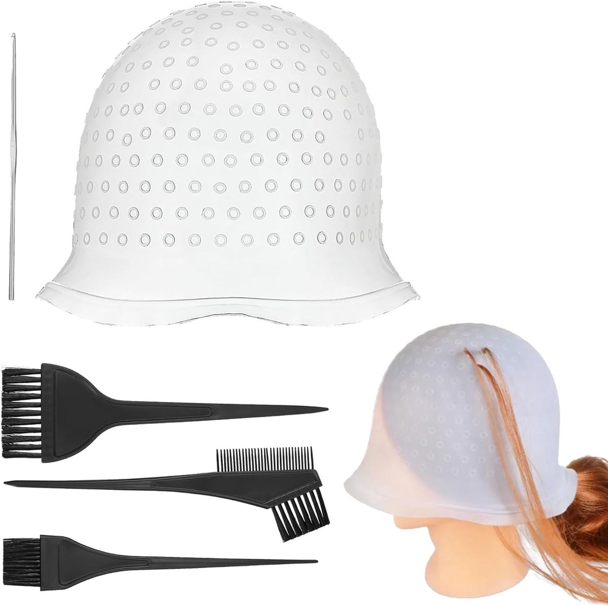 SnelShoppen - 7-delige Silicone Strähnchenhauben Set met Gaten, Herbruikbare Haarverf Hoed, Inclusief Borstels en Naalden voor Thuis en Salon, Kleurbe