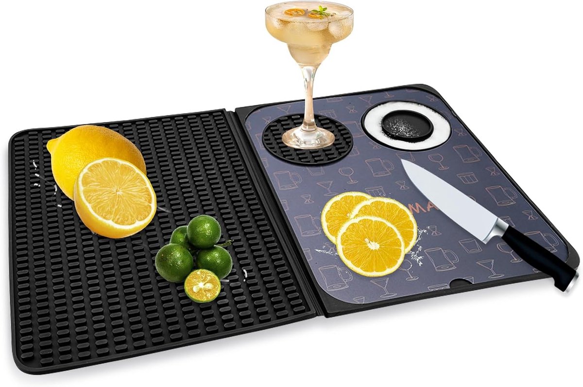 SnelShoppen - Opvouwbare Barmat 3-in-1 Silicone Cocktailmat met Afneembare Snijplank 45x30cm, Droogmat en Dienblad voor Thuis, Feest, Camping, Keuken