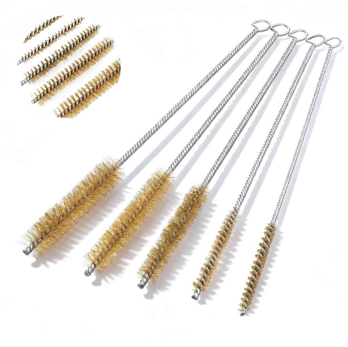 SnelShoppen - 5-delige Messing Borstel Set 30cm Lange Borstel voor Het Reinigen van Buizen, Flessen en Auto Onderdelen - 6mm/8mm/12mm/15mm/18mm