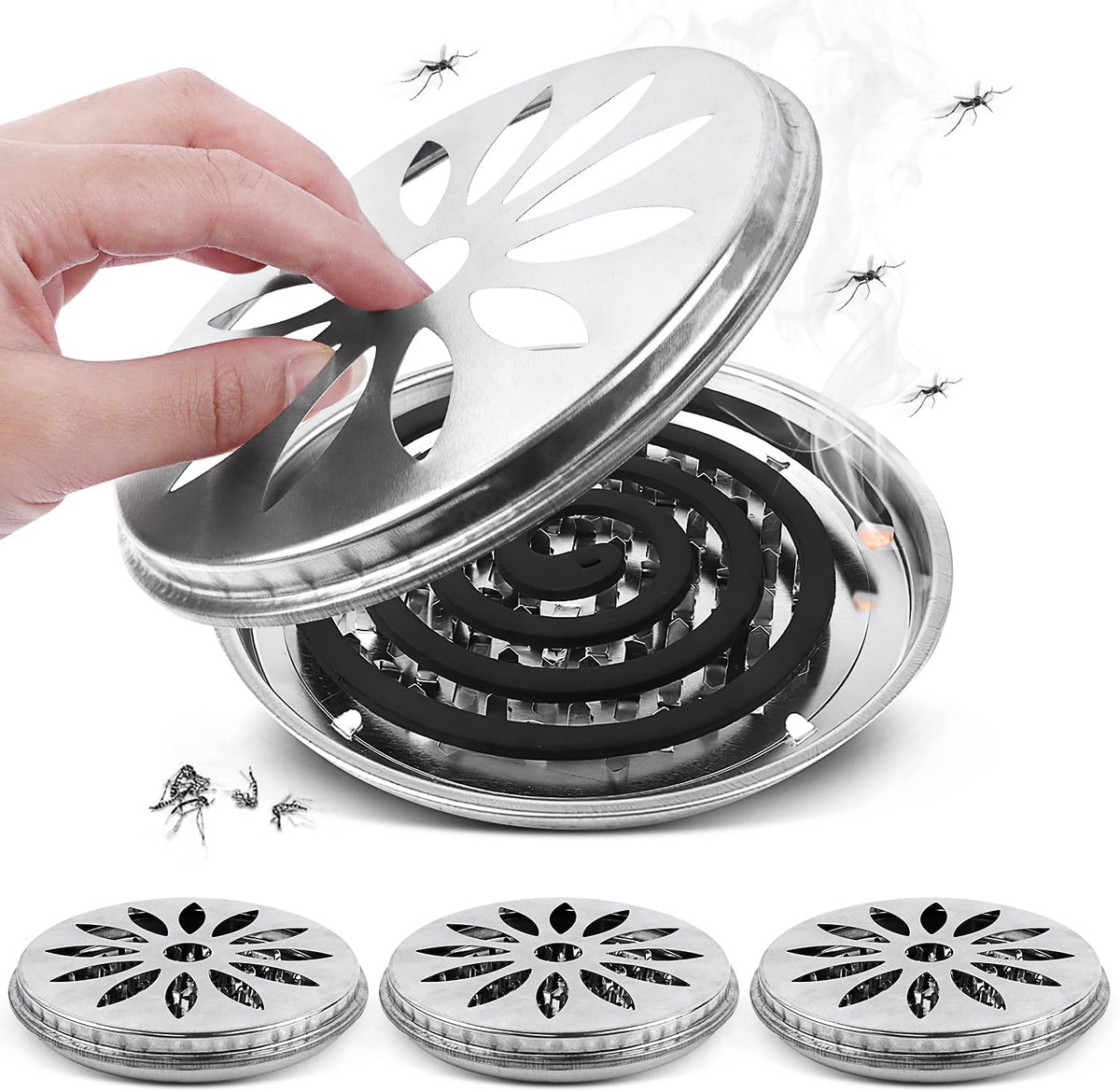 SnelShoppen - Mosquito Spiral Holder 4 Stuks - RVS Muggenspiraalhouder met Deksel - Hittebestendige en Corrosie Bestendige Muggencirkelhouder voor Tui