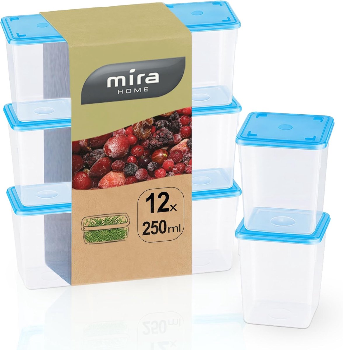 SnelShoppen - Mini Freezer Dozen Boxes 0.25 L - Rectangular, 6.5 x 6.5 x 8 cm - Perfect voor Keuken, Catering, Camping, en Portioneren - Blauw Deksel