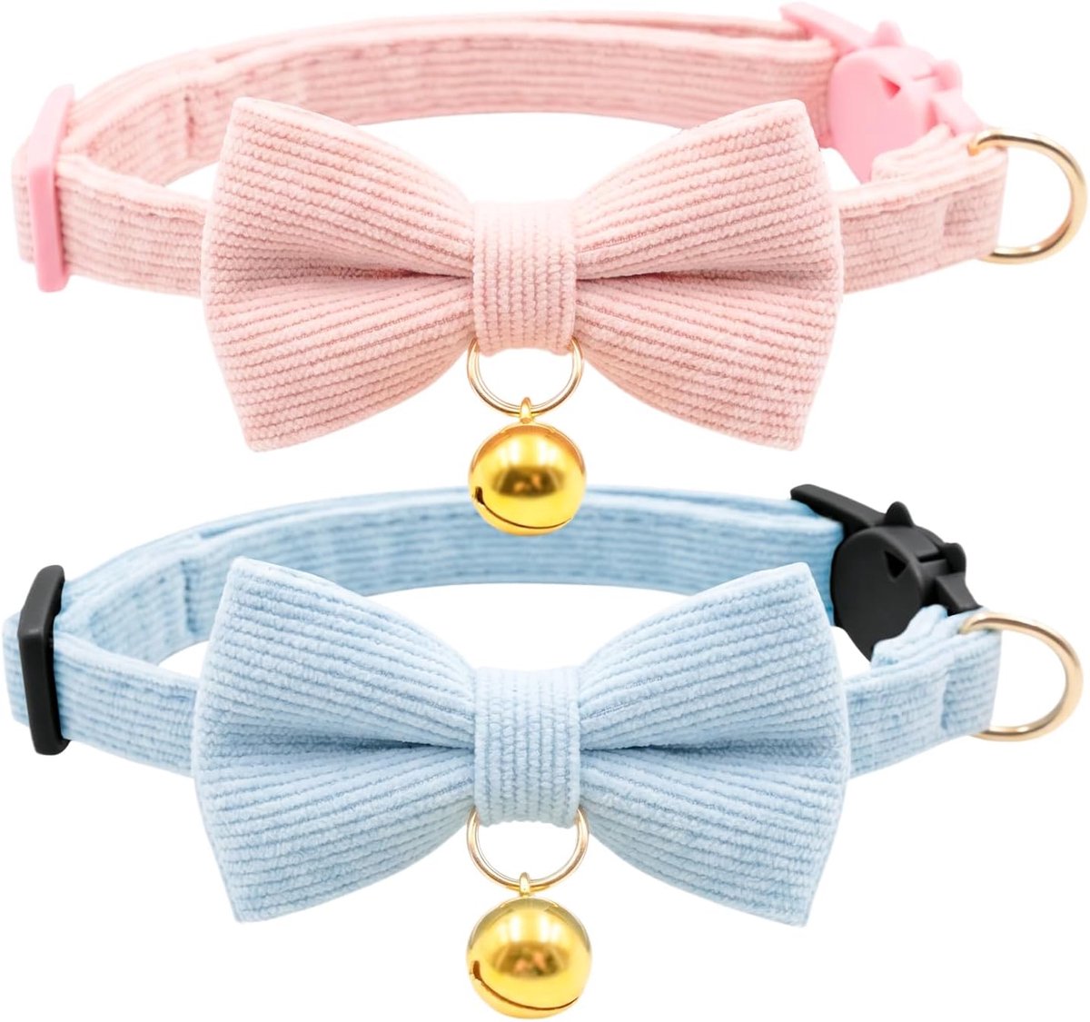 SnelShoppen - 2 Stuks Kattenhalsband met Strik en Bel, Verstelbare Kittenshalsband met Veiligheidssluiting, Set van 2, Blauw en Roze, Comfortabel en S