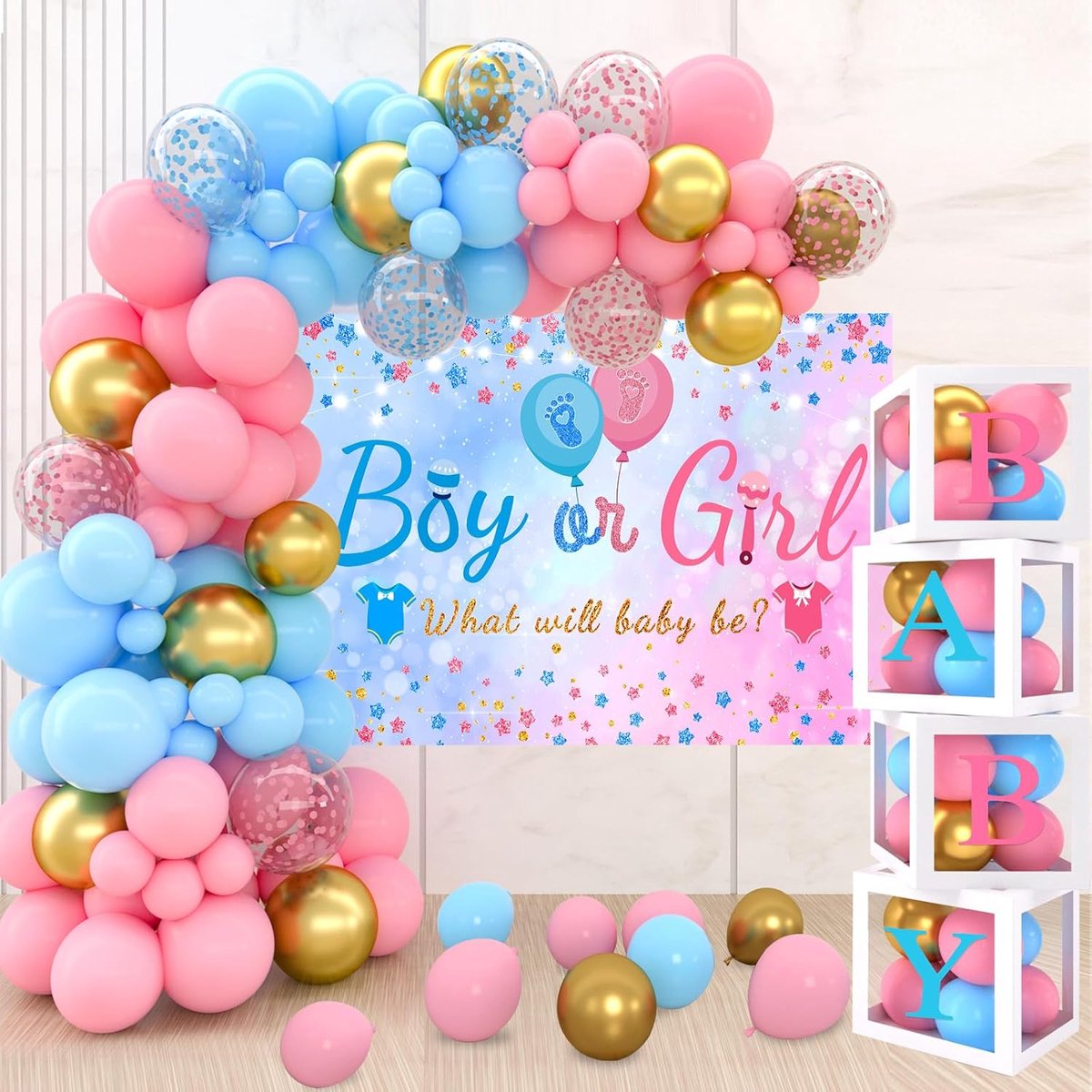 SnelShoppen - 141-delige gender reveal decoratieset met 132 ballonnen, 4 ballonnenboxen, roze en blauwe ballonnen, babyshower versiering, jongen of me