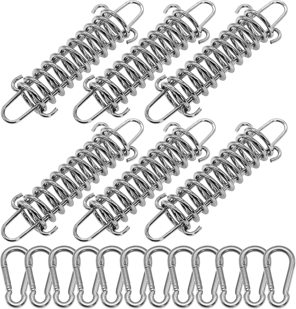 SnelShoppen - Set van 6 RVS Spanners met Trekveer en 12 Carabiners - Hoogwaardige Tension Springs voor Camping, Tent en Zonnescherm - Sterk en Duurzaa