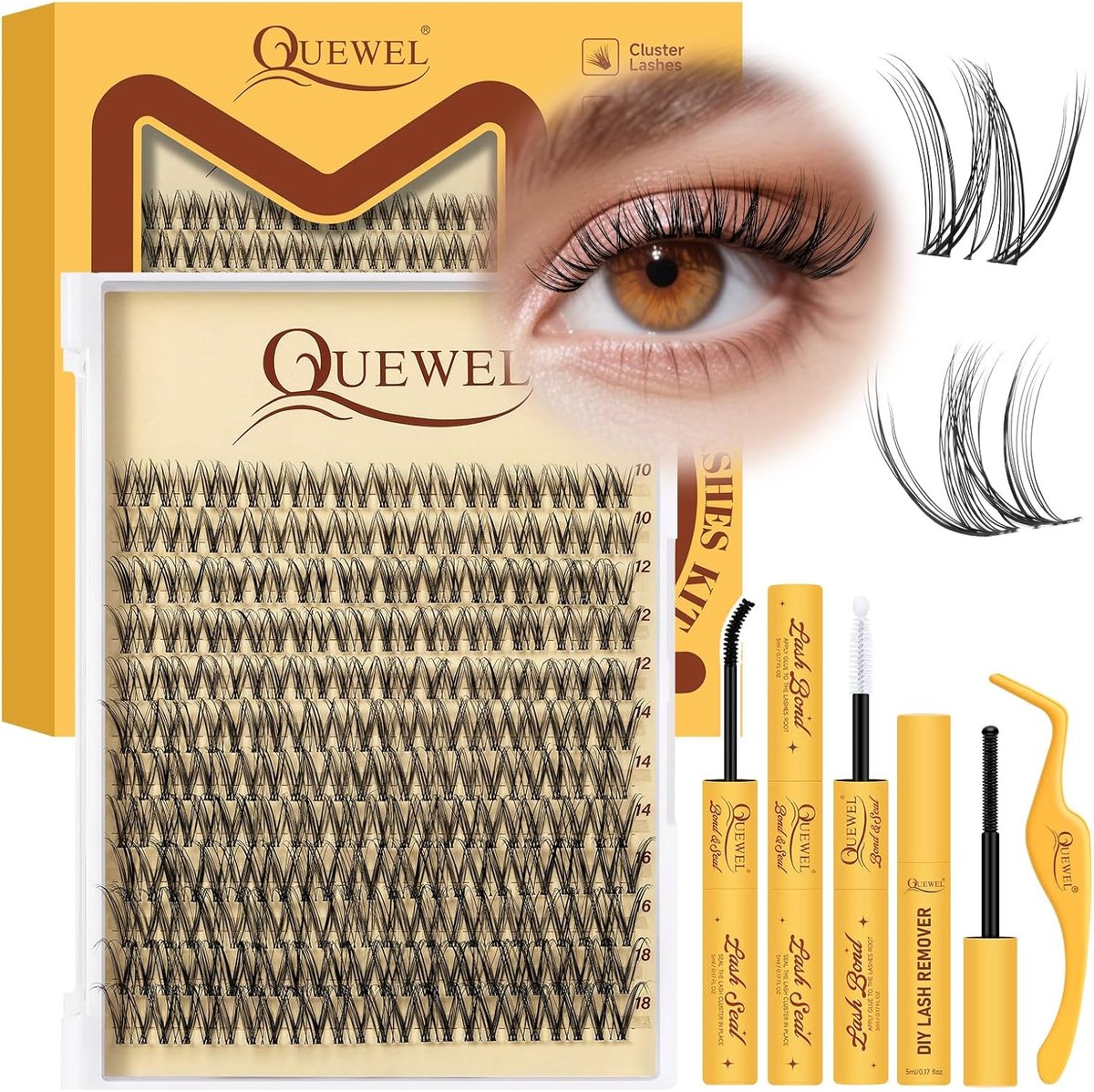 SnelShoppen - Mix10-18mm ClusterLashes Set van 144 Stuks - DIY Wimperextensions Set met Wimperlijm, Pincet en Verwijderaar voor Feest, Dagelijks Gebru