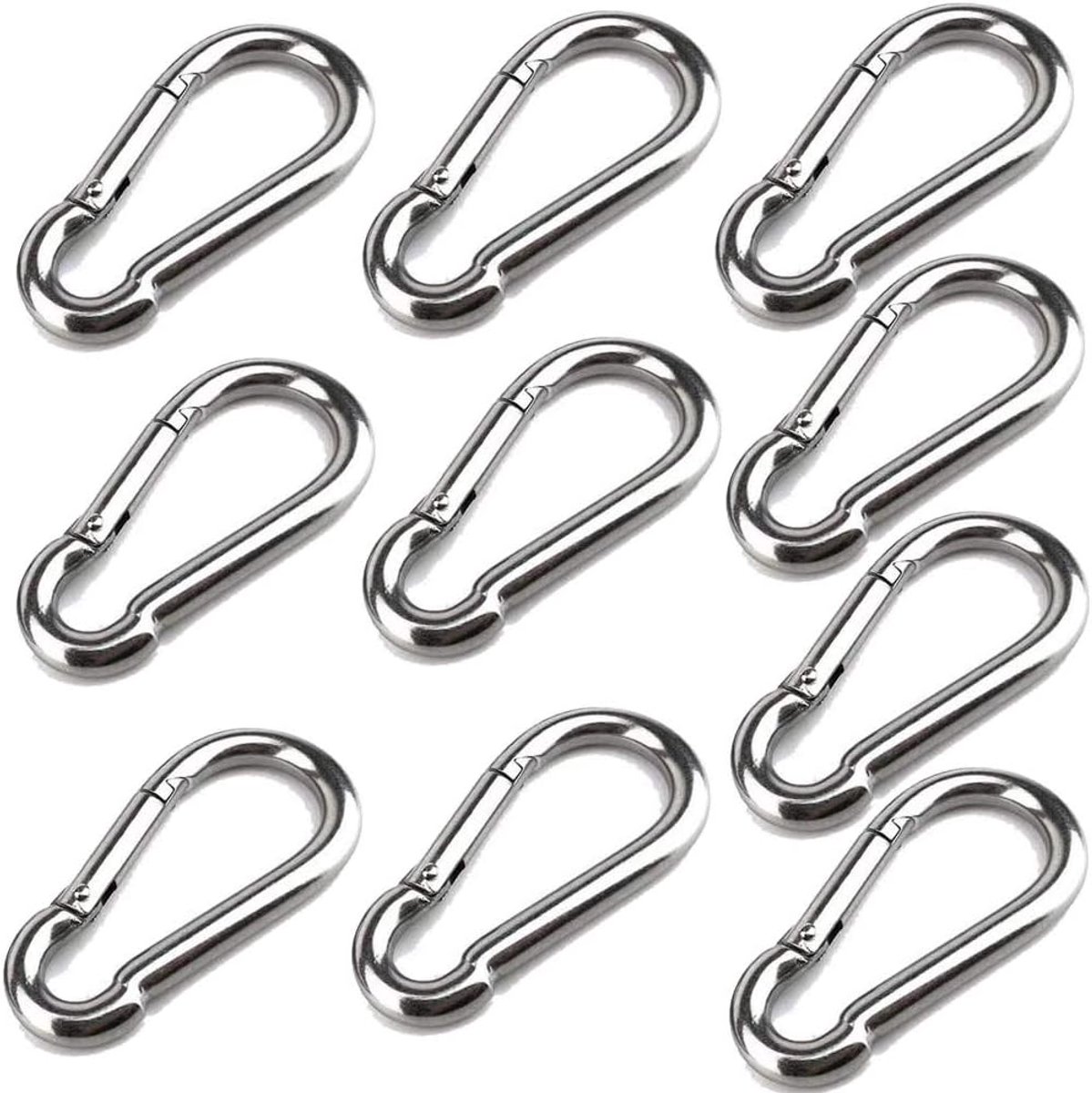 SnelShoppen - Pack van 10 Carabiners 40 mm x 4 mm, RVS 304 met Drukhaak, Tot 80 kg Belastbaar, Ideaal voor Camping, Outdoor, Tuin en Sport