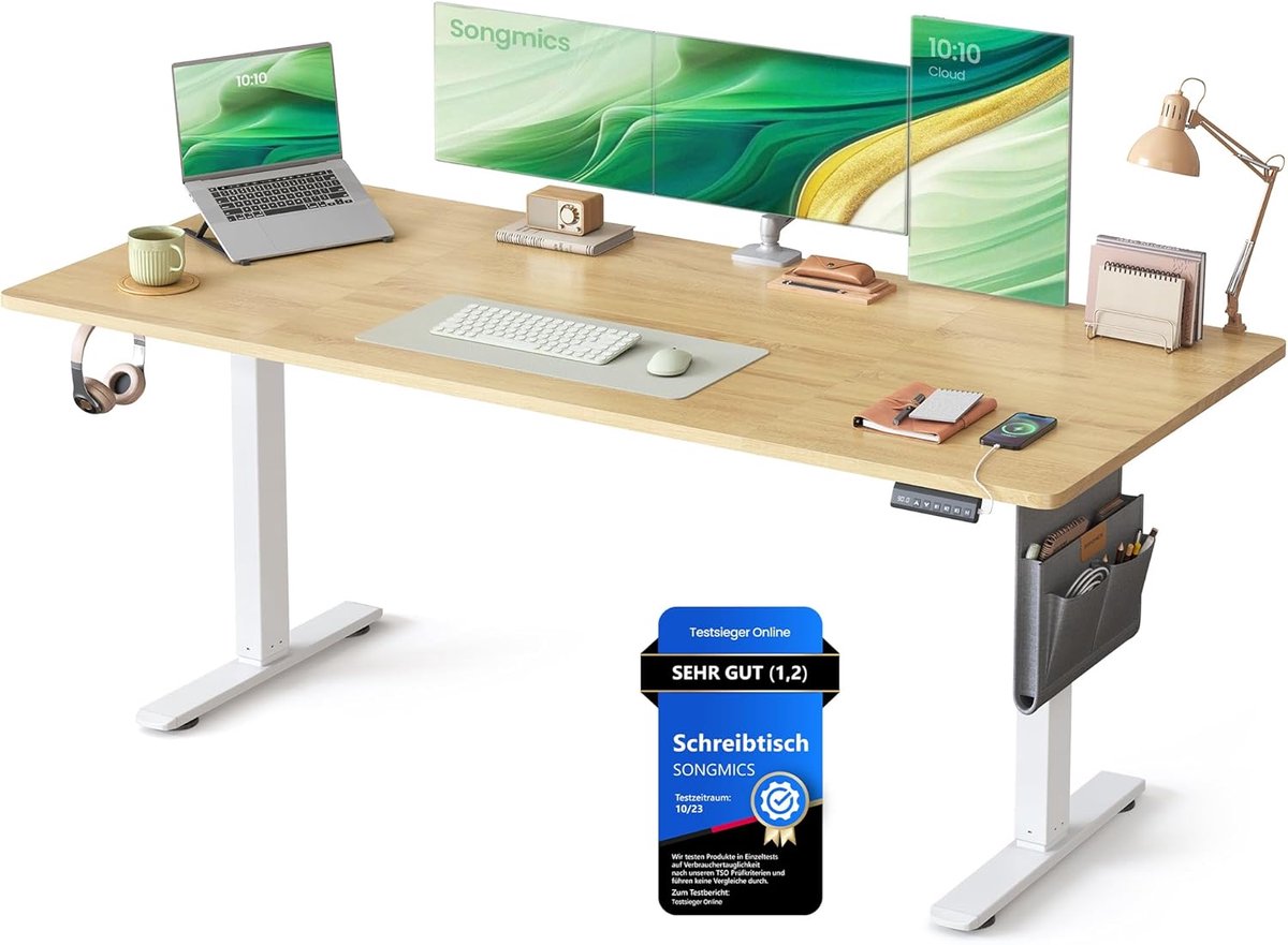 SONGMICS LSD138YA01 Elektrisch in hoogte verstelbaar bureau 180 x 80 cm 4 hoogte-instellingen Geheugenfunctie USB-C-poort Goudkleurig eikenhout