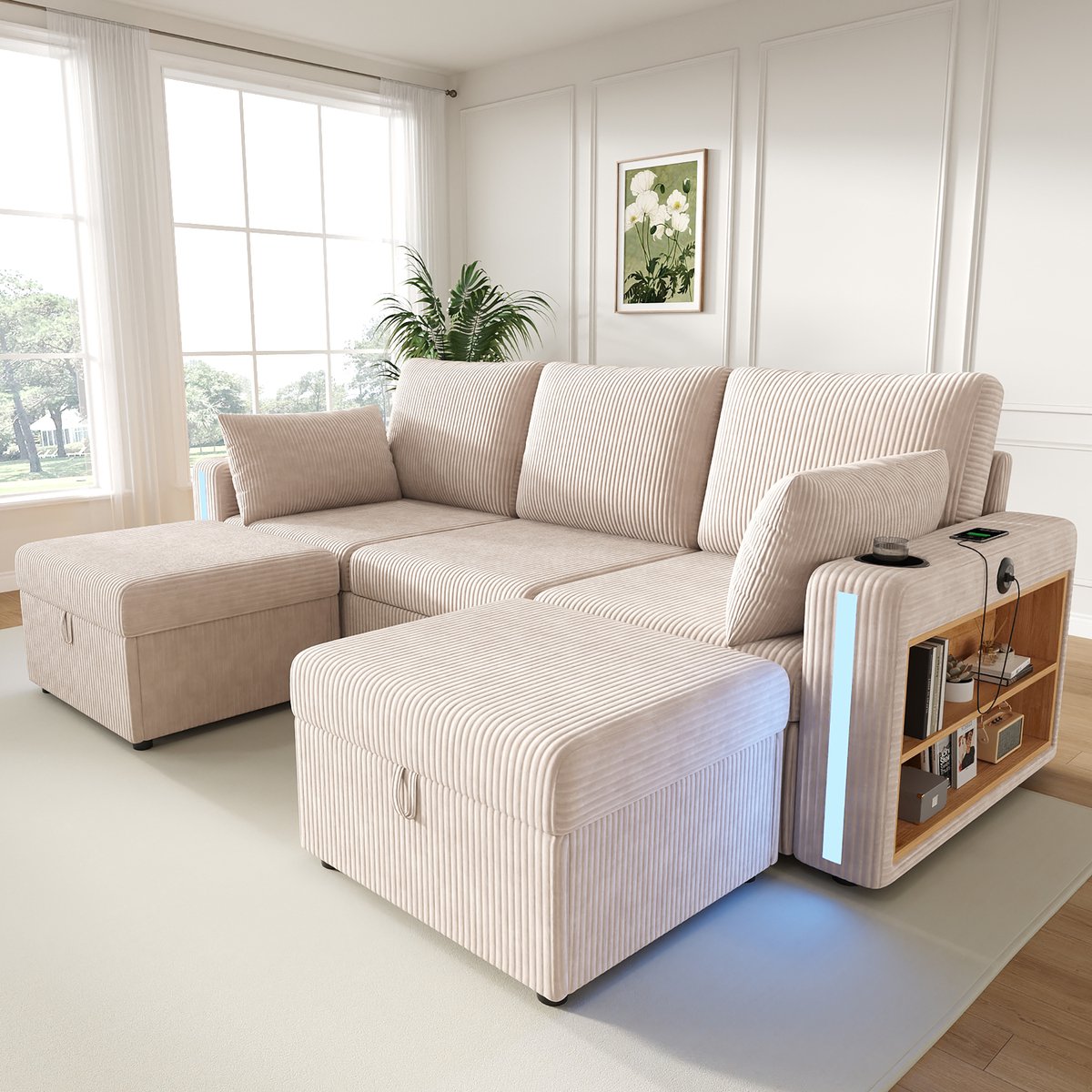 Moderne Hoekbank, U-Bank, 3-Zits bank, Modulaire U/L-Vormige Bank Met 2 Opbergpoefen, LED-Sfeerverlichting Via App En Afstandsbediening, Bekerhouders, USB/Type-C-Aansluiting, Armleuningplank, Grote Lades, Kussens, Voor De Woonkamer - Beige