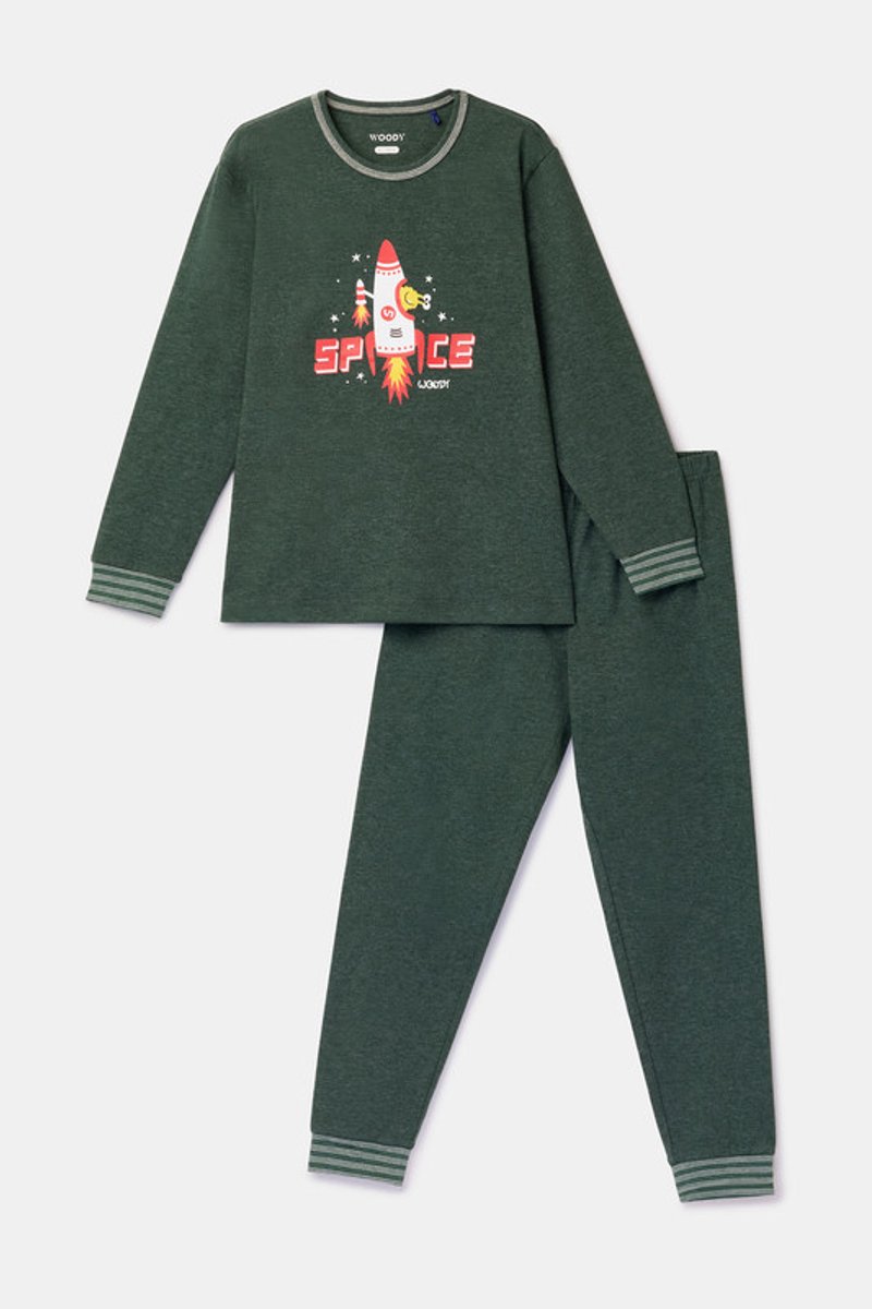 Woody Jongens-Heren pyjama donkergroen - maat 164/14J