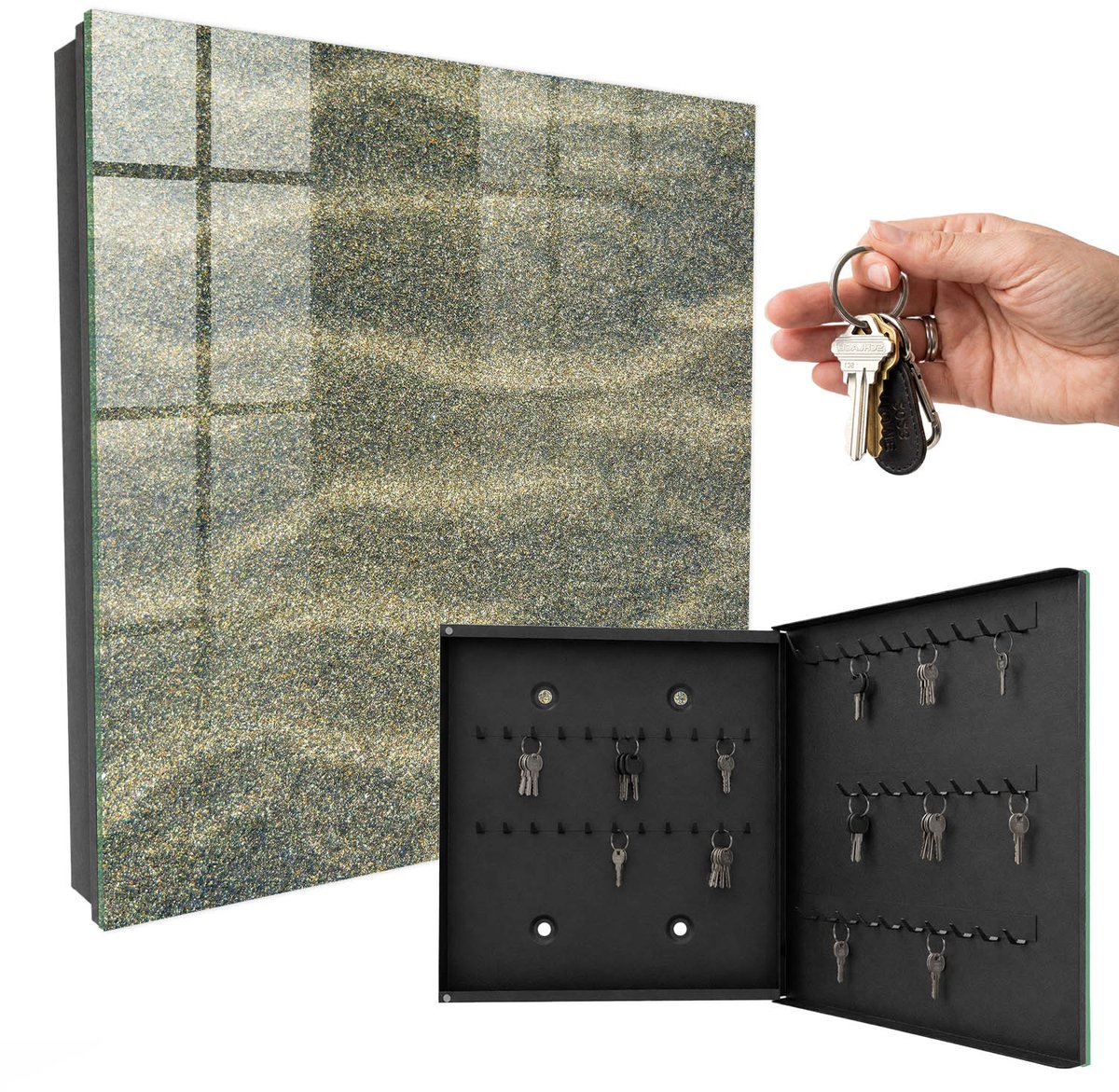 WallMuralia - Sleutelkast - 30x30x5 cm - met 50 haken - Zandgolven Leuk Sleutelkastje - Grijs Sleutelbox - Rechtsopenend - Zwart interieur