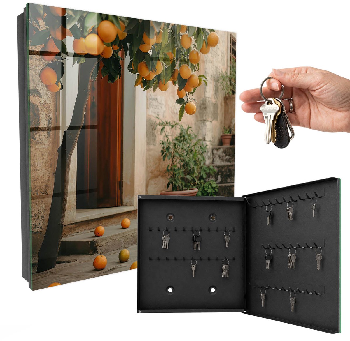 WallMuralia - Sleutelkast - 30x30x5 cm - met 50 haken - Gezellig Terras Sleutelkastje Voor Binnen - Oranje Sleutelbox - Rechtsopenend - Zwart interieur