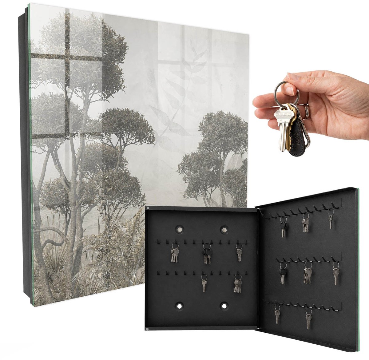 WallMuralia - Sleutelkast - 30x30x5 cm - met 50 haken - Sensuele Natuur Sleutelkastje Huis - Grijs Sleutelbox - Rechtsopenend - Zwart interieur