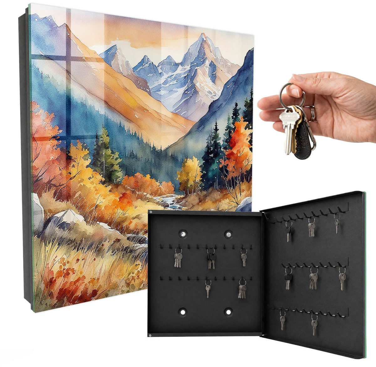 WallMuralia - Sleutelkast - 30x30x5 cm - met 50 haken - Herfstbergen Sleutelkastje Hal - Oranje Sleutelbox - Rechtsopenend - Zwart interieur