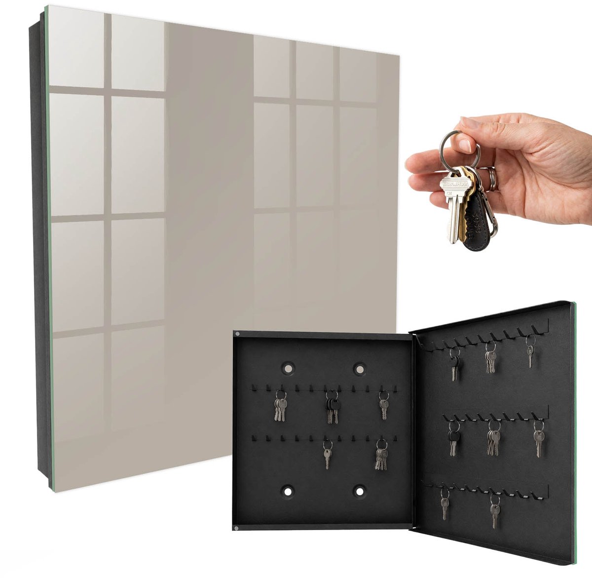 WallMuralia - Sleutelkast - 30x30x5 cm - met 50 haken - Warmgrijs Sleutelkastje Gang - Grijs Sleutelbox - Rechtsopenend - Zwart interieur