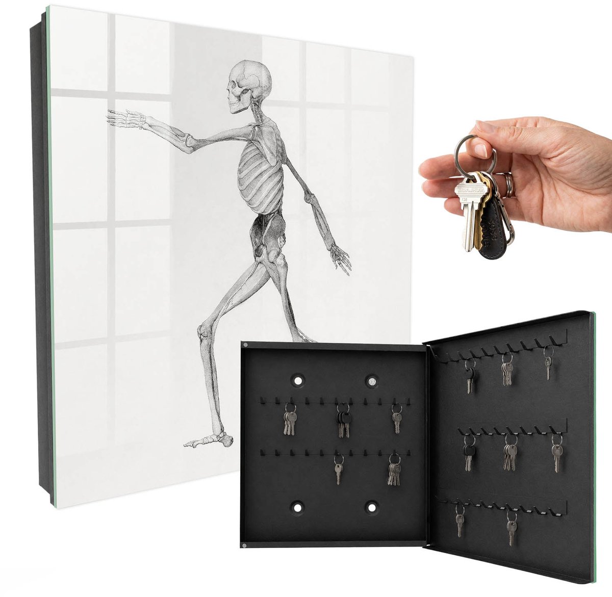 WallMuralia - Sleutelkast - 30x30x5 cm - met 50 haken - Skeletbeweging Sleutelkastje Voor Binnen - Grijs Sleutelbox - Rechtsopenend - Zwart interieur