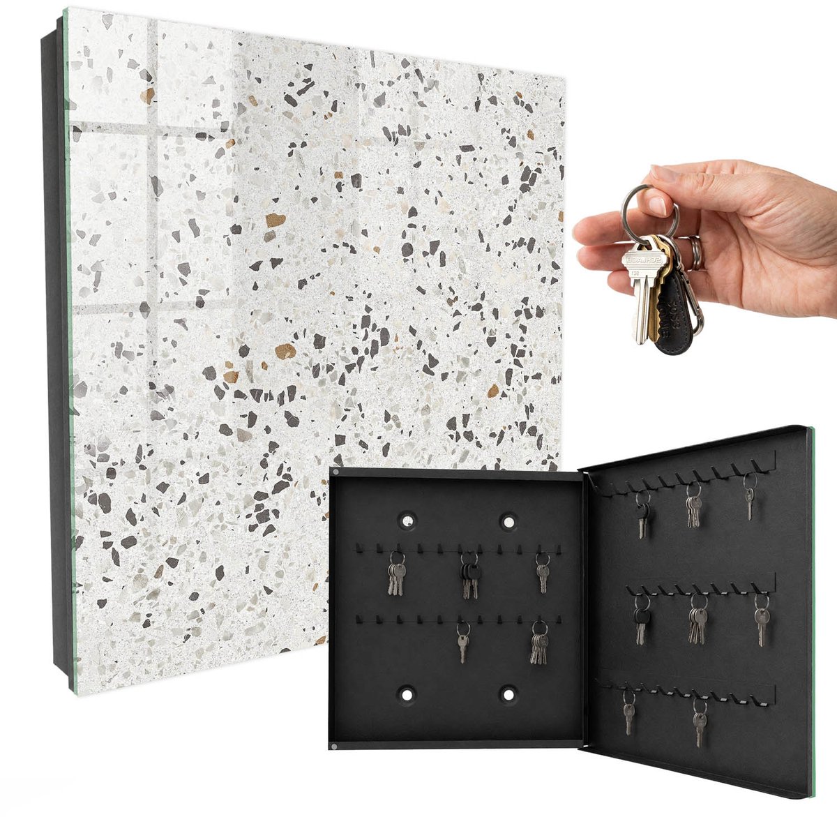 WallMuralia - Sleutelkast - 30x30x5 cm - met 50 haken - Moderne Textuur Sleutelkastje Hal - Grijs Sleutelbox - Rechtsopenend - Zwart interieur