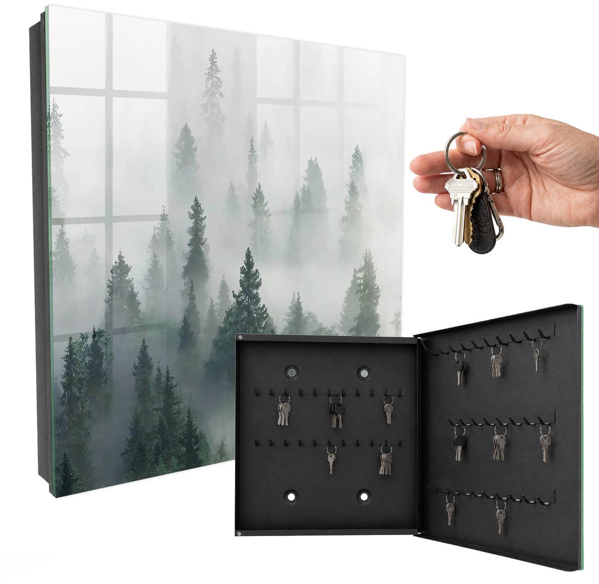 WallMuralia - Sleutelkast - 30x30x5 cm - met 50 haken - Nevelbos Design Sleutelkastje - Groente Sleutelbox - Rechtsopenend - Zwart interieur
