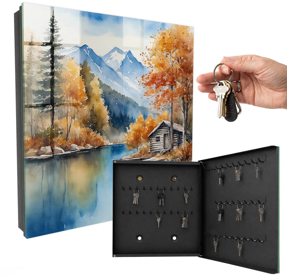 WallMuralia - Sleutelkast - 30x30x5 cm - met 50 haken - Bergherfst Sleutelkastje Huis - Oranje Sleutelbox - Rechtsopenend - Zwart interieur