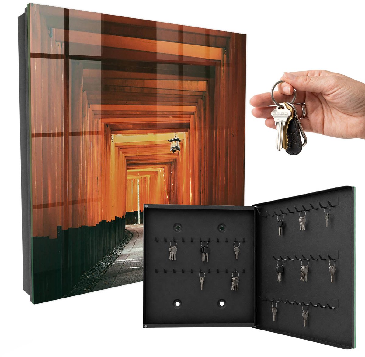 WallMuralia - Sleutelkast - 30x30x5 cm - met 50 haken - Gele Poorten Leuk Sleutelkastje - Geel Sleutelbox - Rechtsopenend - Zwart interieur