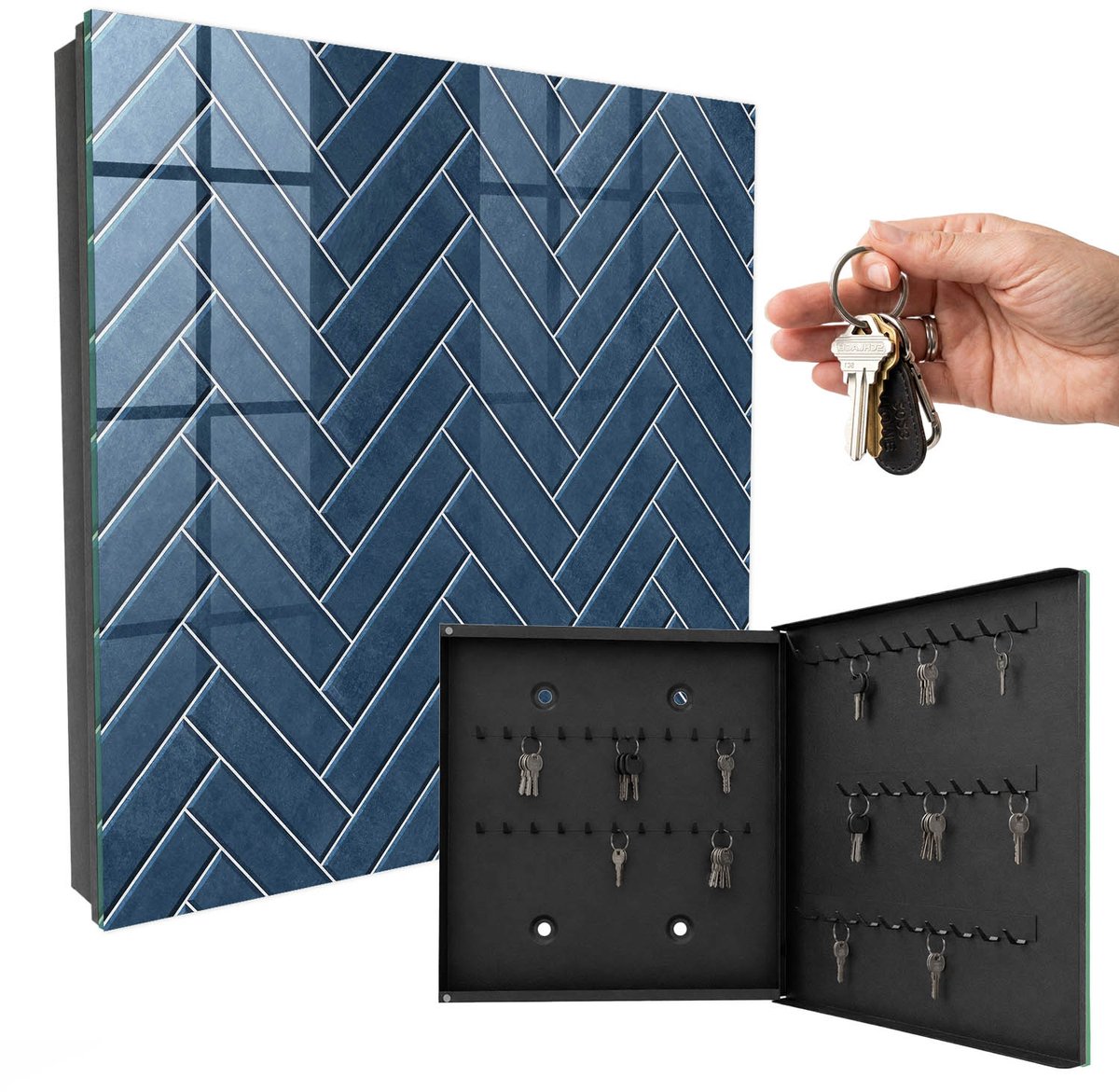 WallMuralia - Sleutelkast - 30x30x5 cm - met 50 haken - Visgraatpatroon Marineblauw Sleutelkastje - Marine Sleutelbox - Rechtsopenend - Zwart interieur