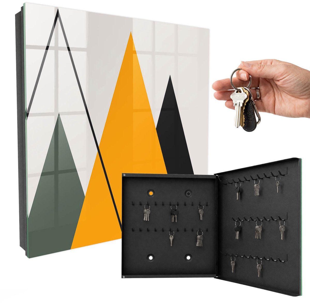 WallMuralia - Sleutelkast - 30x30x5 cm - met 50 haken - Moderne Compositie Sleutelkastje Klein - Beige Sleutelbox - Rechtsopenend - Zwart interieur