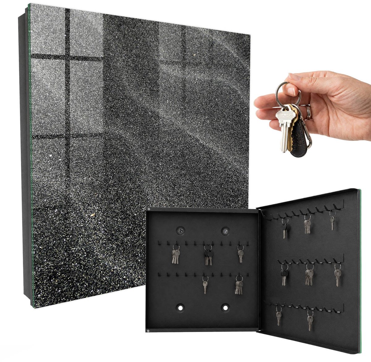 WallMuralia - Sleutelkast - 30x30x5 cm - met 50 haken - Glinsterende Golven Sleutelkastje - Zwart Sleutelbox - Rechtsopenend - Zwart interieur