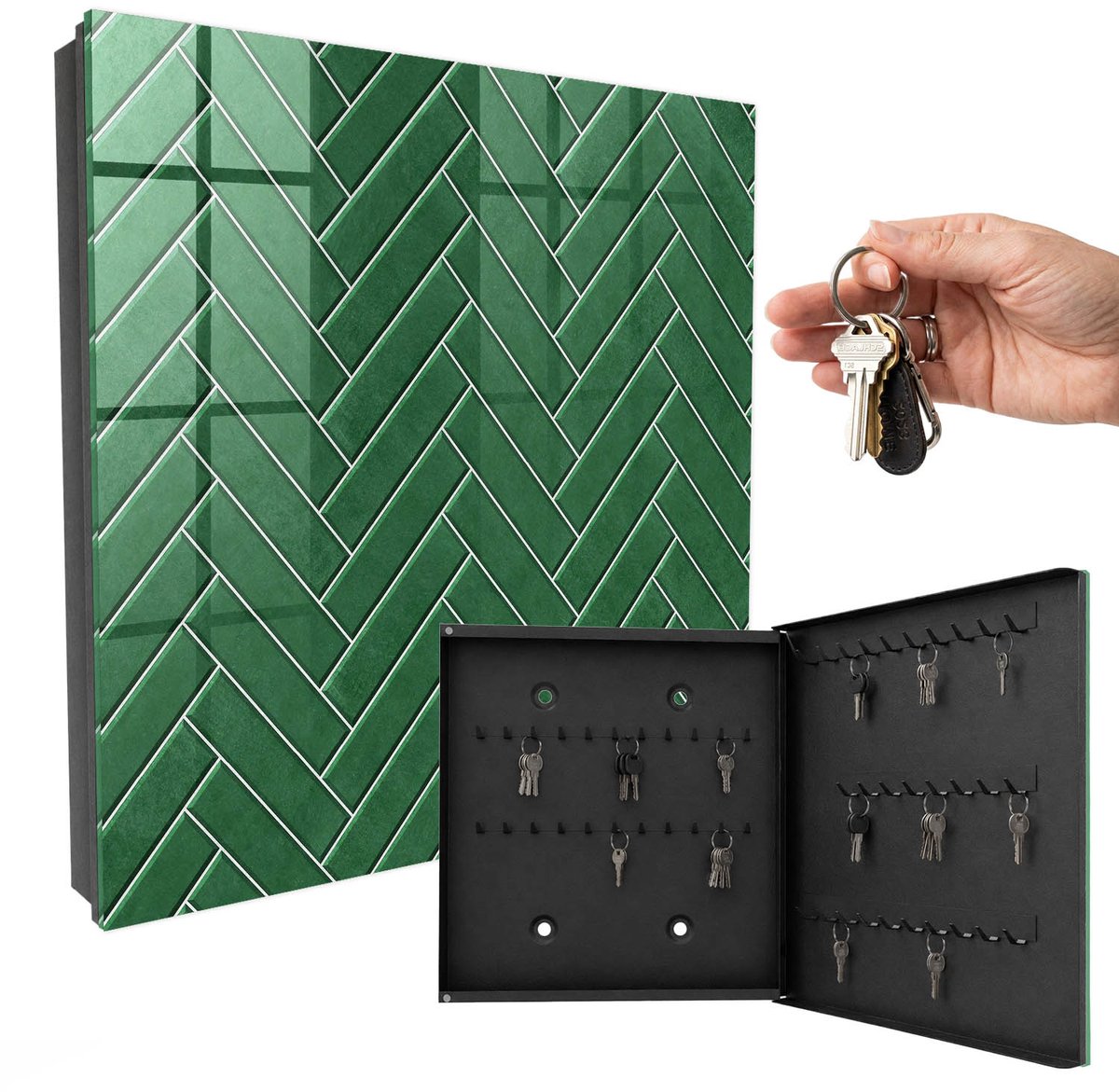 WallMuralia - Sleutelkast - 30x30x5 cm - met 50 haken - Groene Visgraat Leuk Sleutelkastje - Groente Sleutelbox - Rechtsopenend - Zwart interieur