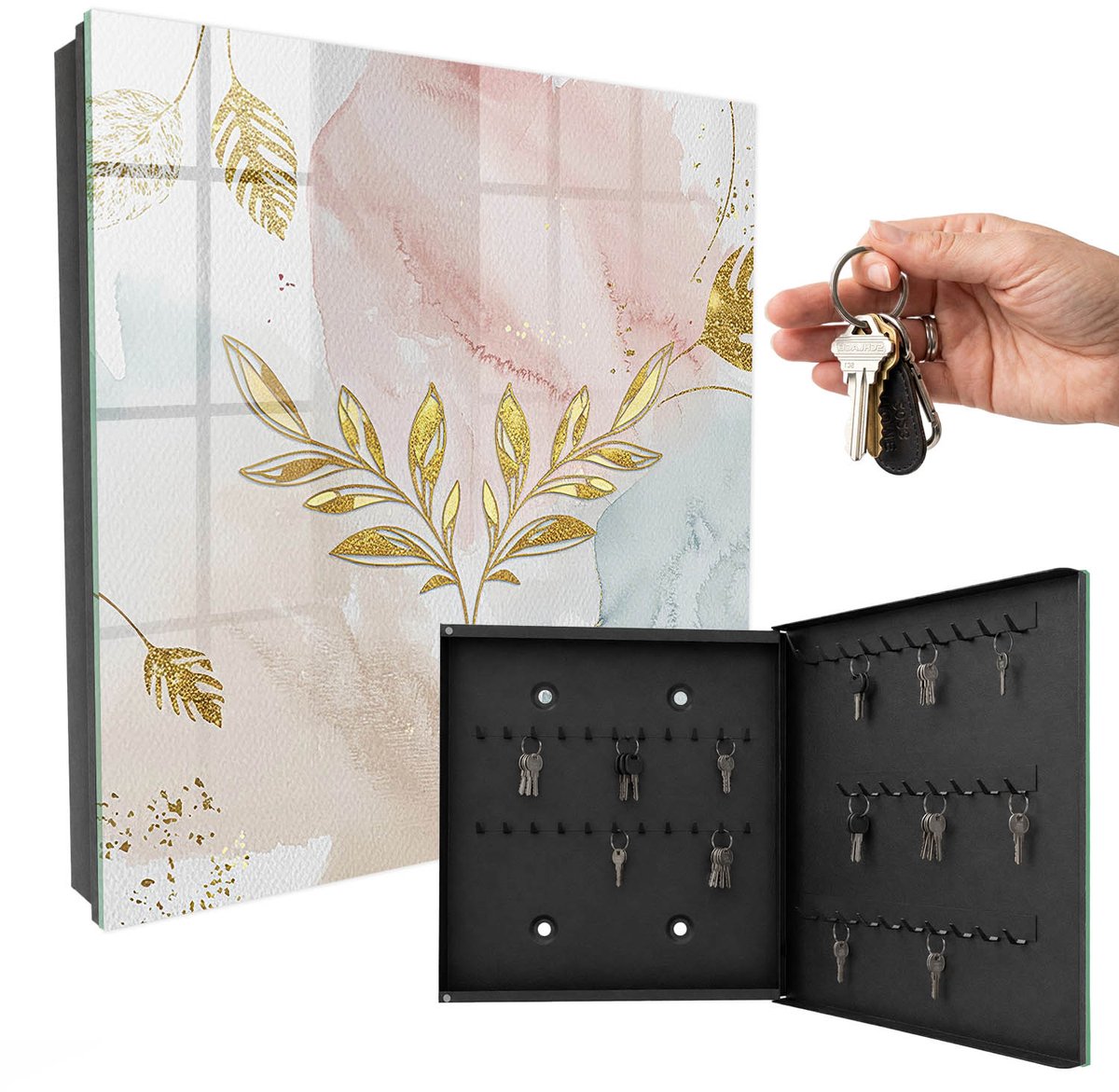 WallMuralia - Sleutelkast - 30x30x5 cm - met 50 haken - Pastel Charm Sleutelkastje Muur - Roze Sleutelbox - Rechtsopenend - Zwart interieur