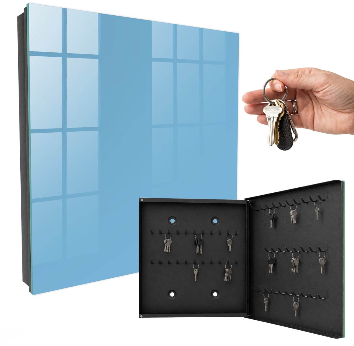 WallMuralia - Sleutelkast - 30x30x5 cm - met 50 haken - Blauwe Kleur Sleutelkastje Gang - Blauw Sleutelbox - Rechtsopenend - Zwart interieur