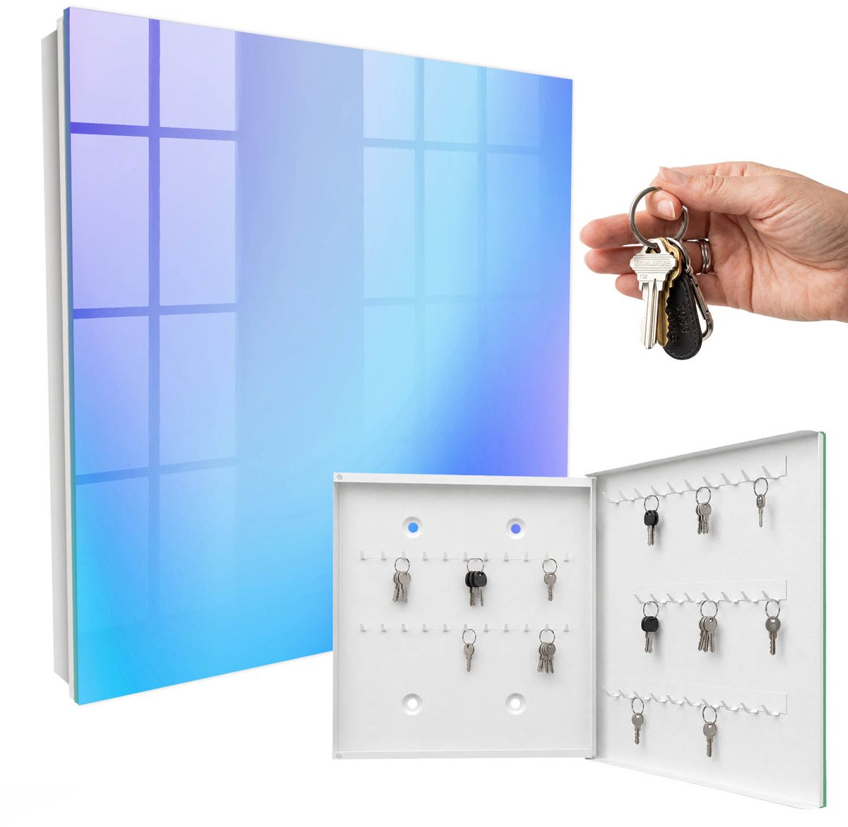 WallMuralia - Sleutelkast - 30x30x5 cm - met 50 haken - Rustige Helling Sleutelkastje Huis - Blauw Sleutelbox - Rechtsopenend - Wit interieur