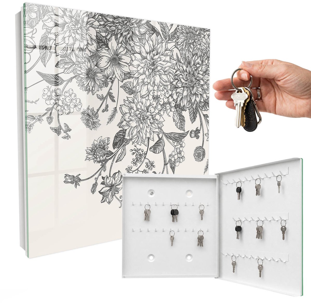 WallMuralia - Sleutelkast - 30x30x5 cm - met 50 haken - Bloemige Elegantie Groot Sleutelkastje - Zwart Sleutelbox - Rechtsopenend - Wit interieur