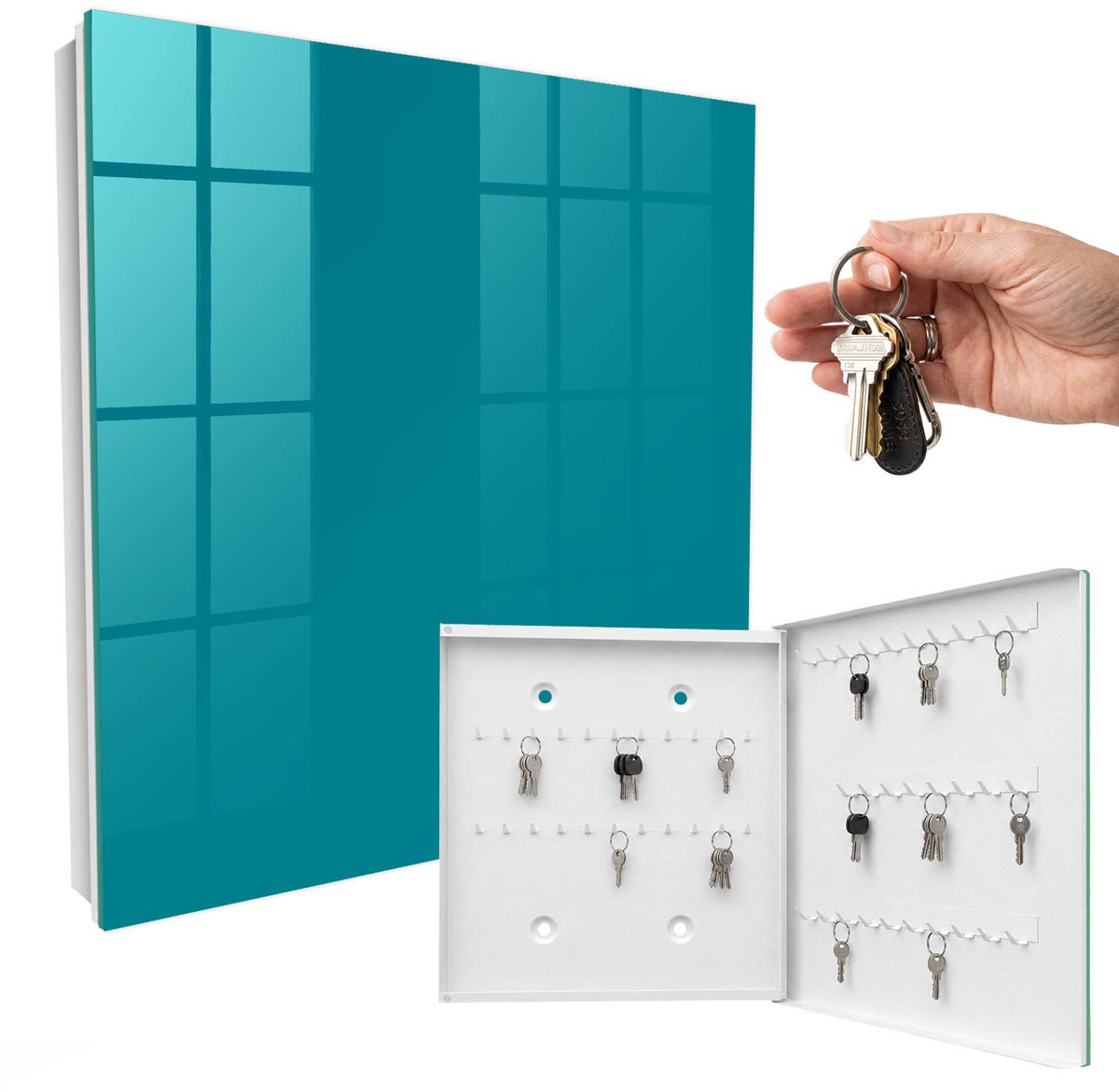 WallMuralia - Sleutelkast - 30x30x5 cm - met 50 haken - Koel Turkoois Sleutelkastje Binnen - Turkoois Sleutelbox - Rechtsopenend - Wit interieur