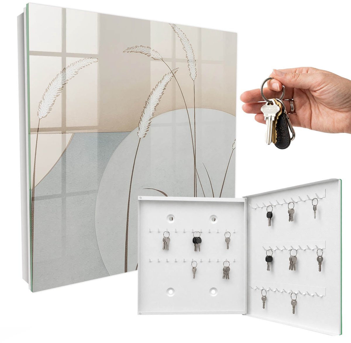WallMuralia - Sleutelkast - 30x30x5 cm - met 50 haken - Natuurlijke Grassen Sleutelkastje Voor Binnen - Beige Sleutelbox - Rechtsopenend - Wit interieur