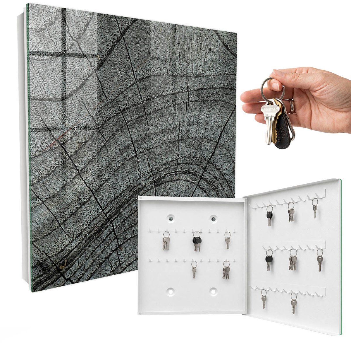 WallMuralia - Sleutelkast - 30x30x5 cm - met 50 haken - Jaarringen Van Bomen Sleutelkastje Huis - Grijs Sleutelbox - Rechtsopenend - Wit interieur